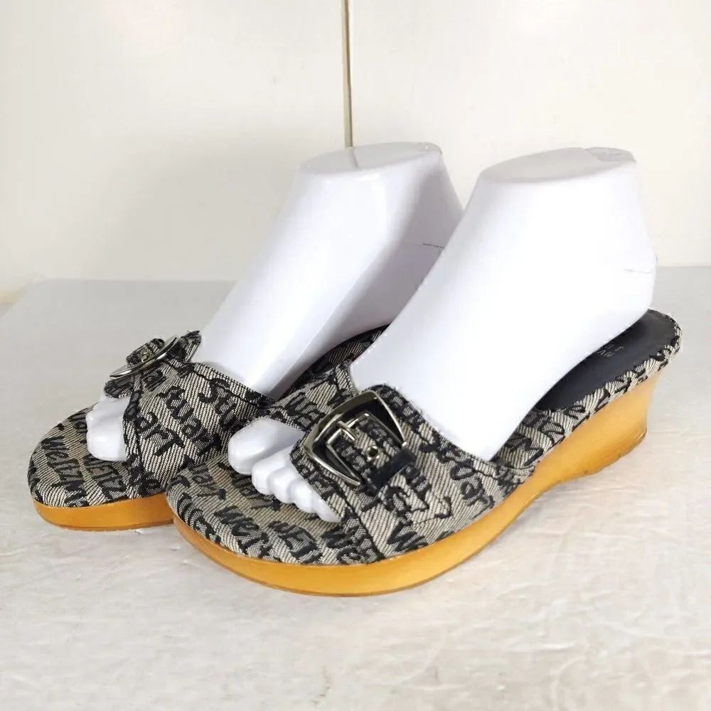 Stuart Weitzman Women's US 7,5B Graffiti Logo Buckle Wooden Heel Wedge Sandals